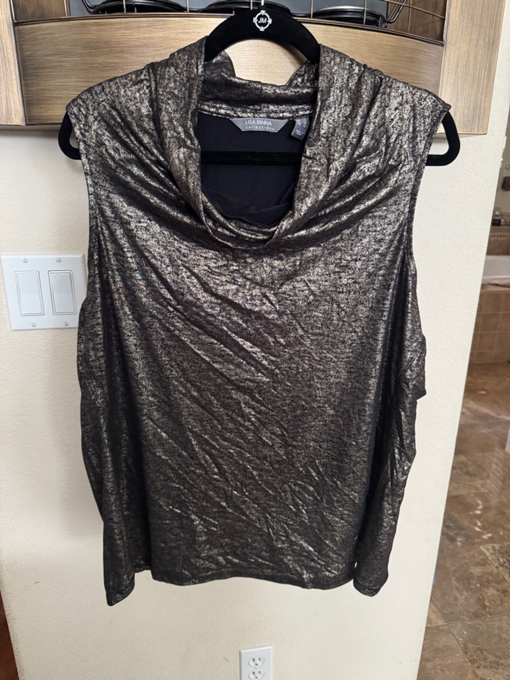 Lisa Rinna Collection Metallic Draped Cowl Sleeveless Top - Bronze